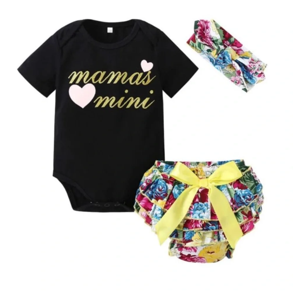 Floral Baby Outfit Set - Black, Yellow, Pink